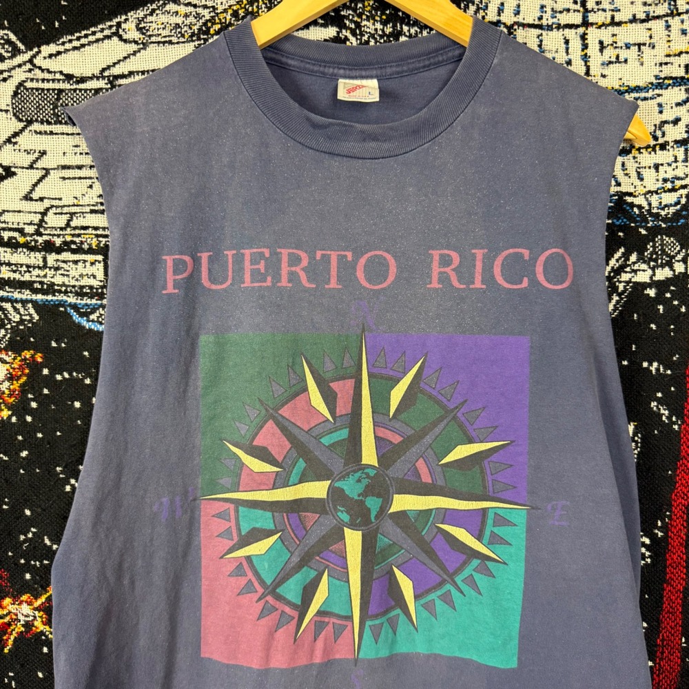 Vintage Jerzees Puerto Rico Muscle Tee Mens Large Blue Compass Single Stitch USA